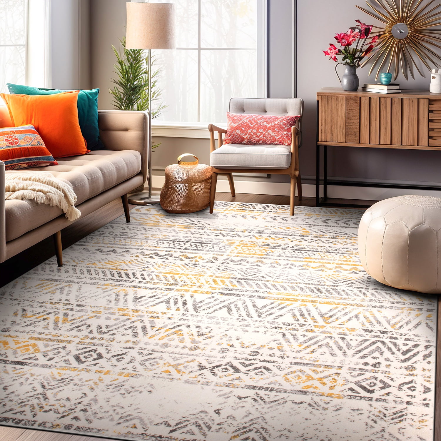 Yellow and Gray Geometric Bohemian Rectangular Area Rug
