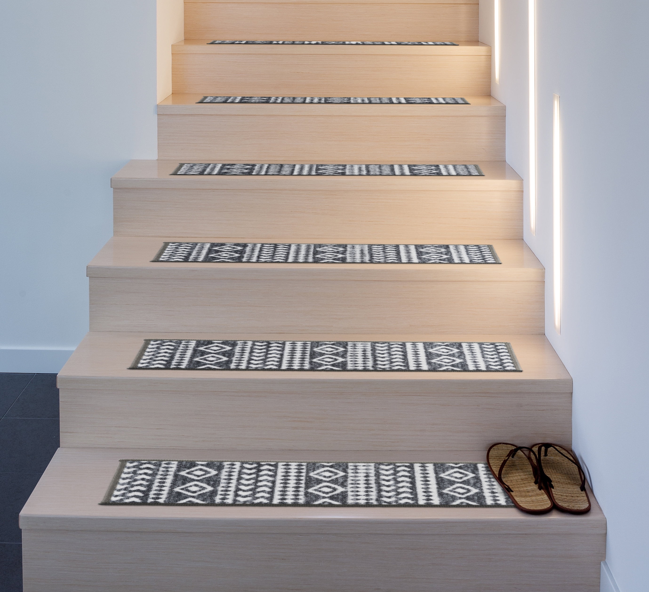 Gray and White Geometric Bohemian Non-Slip Stair Treads Set