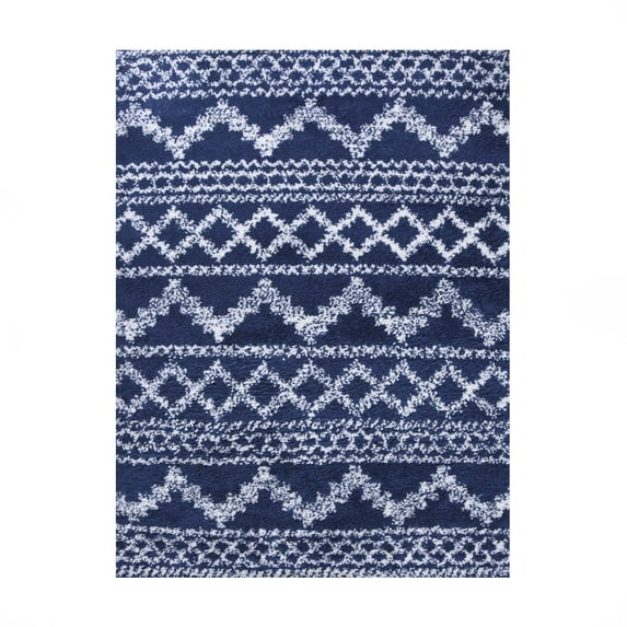 Geometric Bohemian Plush Shag Indoor Area Rug, Cream/Blue, 4' x 6'
