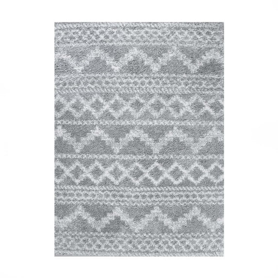 Geometric Bohemian Plush Shag Indoor Area Rug, Cream/Grey, 5' x 8'