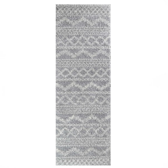Geometric Bohemian Plush Shag Indoor Runner Rug, Cream/Grey, 2' 7" x 8'