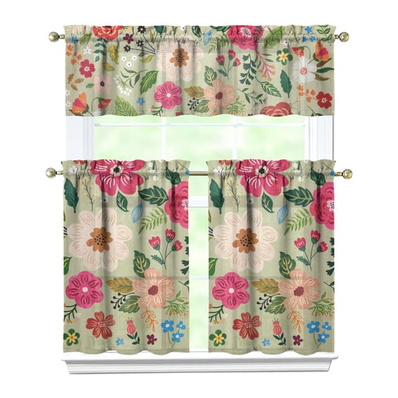 Geometric Boho Kitchen Curtains Set - Rustic Style Tier & Valance Window Treatment Panels