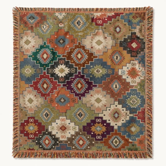 Geometric Boho Woven Cotton Throw Blanket with Fringe | 100% Cotton | 3 Sizes