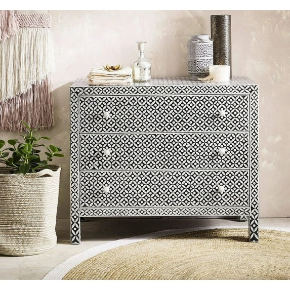 Geometric Bone Inlay 3 drawer Chest, Bone Inlay Commode, Bone Inlay Chest of Drawers Black