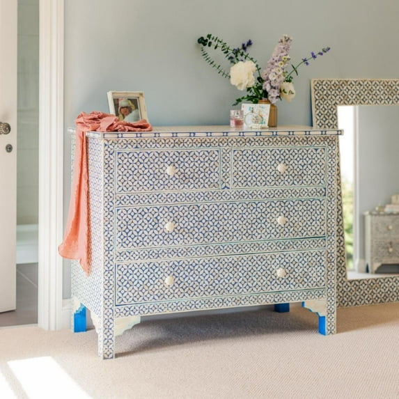 Geometric Bone Inlay Chest of 4 Drawers blue, bone inlay commode, bone inlay dresser blue