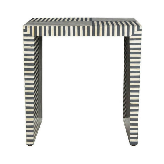 Geometric Bone Inlay End Table – Black & White Linear Inlay in Open Block Design