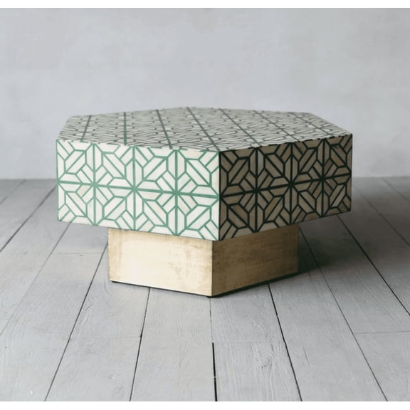 Geometric Bone Inlay Hexagon Table Green and Ivory Pattern Coffee Table for Living Room