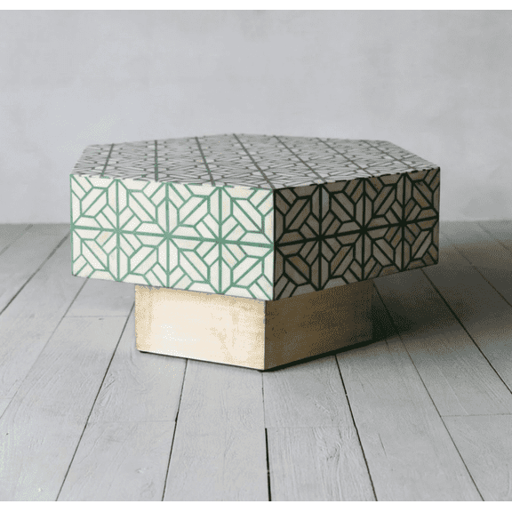 Geometric Bone Inlay Hexagon Table Green and Ivory Pattern Coffee Table for Living Room