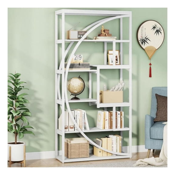 Geometric Bookshelf - 8 Shelf Tall Bookcase, Modern Open Storage for Living Room, Bedroom, Office - Gray & Black
