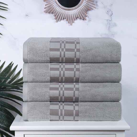 Geometric Border 4-Piece Cotton Luxury Bath Towel Set for Bathroom, 30" x 52", Chrome by Blue Nile Mills
