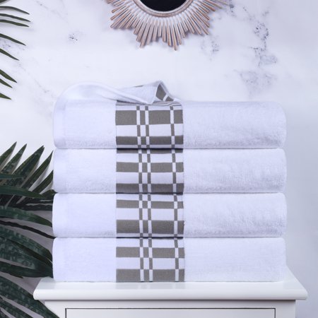 Geometric Border 4-Piece Cotton Luxury Bath Towel Set for Bathroom, 30" x 52", White by Blue Nile Mills