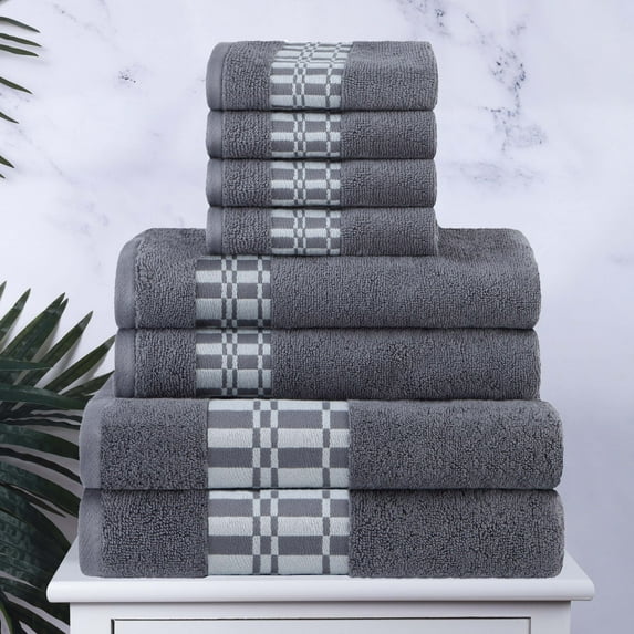 Geometric Border Assorted 8-Piece Cotton Luxury Bath Towel Set for Bathroom, 13" x 13”, 16” x 30”, 30” x 52”, Grey by Blue Nile Mills