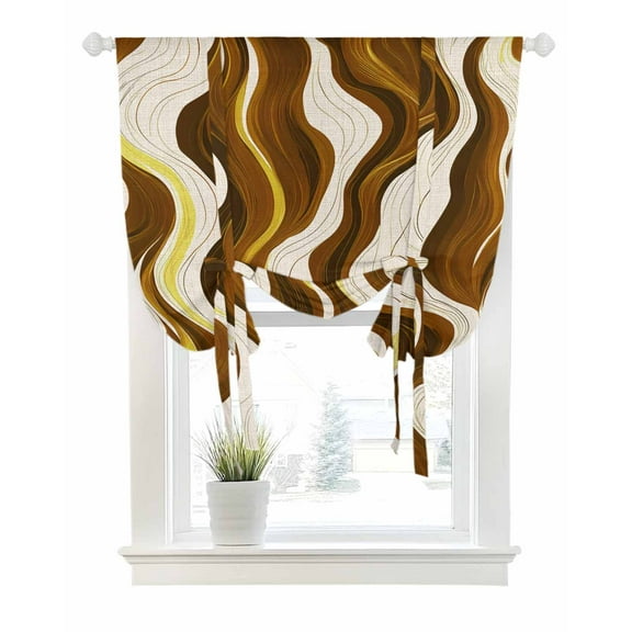Geometric Brown Tie Up Curtains for Window, Thermal Insulated Balloon Shade Adjustable Rod Pocket Curtains Valance Panels for Kitchen Bathroom Cafe 42 x 63 Gold Vintage White Stripe Coastal Sea Wave