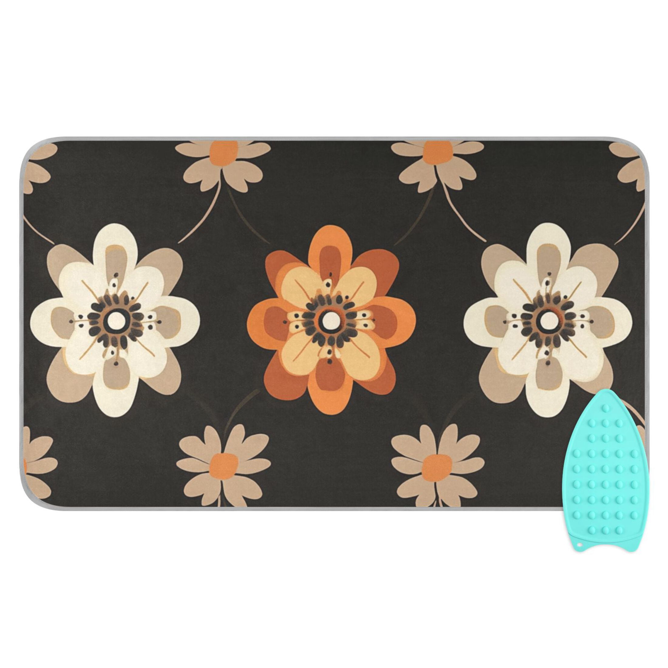 Geometric Brown White Orange Flowers Ironing Mat Blanket Portable Travel Ironing Pad Heat Resistant Pad 47.2" x 27.6”