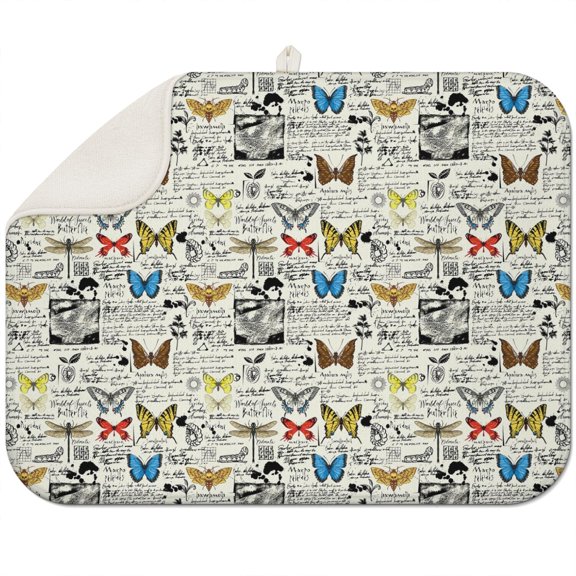 Geometric Butterfly Print Drying Mat - Super Absorbent Microfiber Countertop Mat, 3-Layer Thick Dish Rack Pad, Compact Foldable (Modern Abstract Pattern)