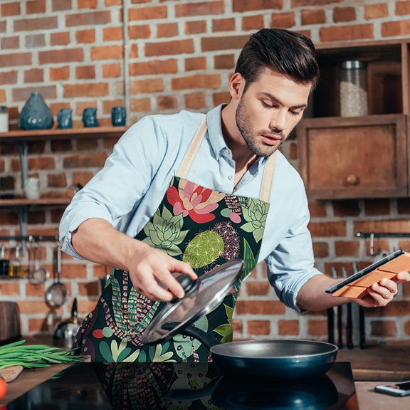 Geometric Cactus Flower Printed Apron, Waterproof Reusable Kitchen Baking Cooking Apron for Adults