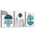 thumbnail image 1 of Geometric Canvas Wall Art Set of 3,Minimalism Botanical Boho Wall Decor for Bedroom Beige Teal Line Leaf Canvas Art Prints,Plant Leaves Half Round Circular Stripes Art Pictures Bathroom Wall Decor, 1 of 5