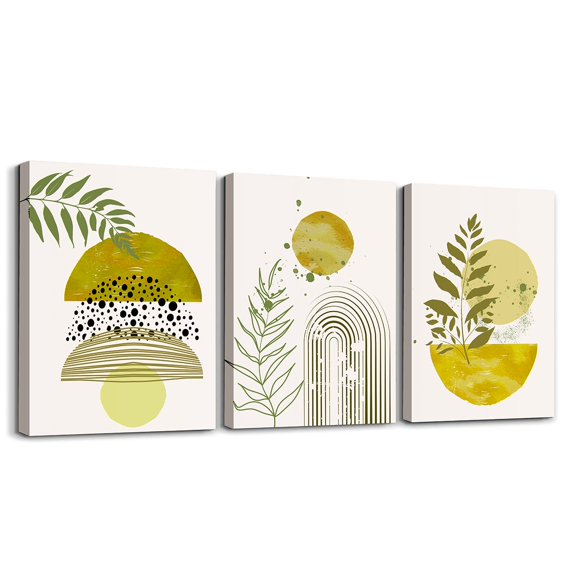 Geometric Canvas Wall Art Set of 3,Minimalism Botanical Boho Wall Decor for Bedroom Ivory Sand Yellow Line Leaf Canvas Art Prints,Plant Leaves Half Round Circular Stripes Pictures Bathroom Wall Decor
