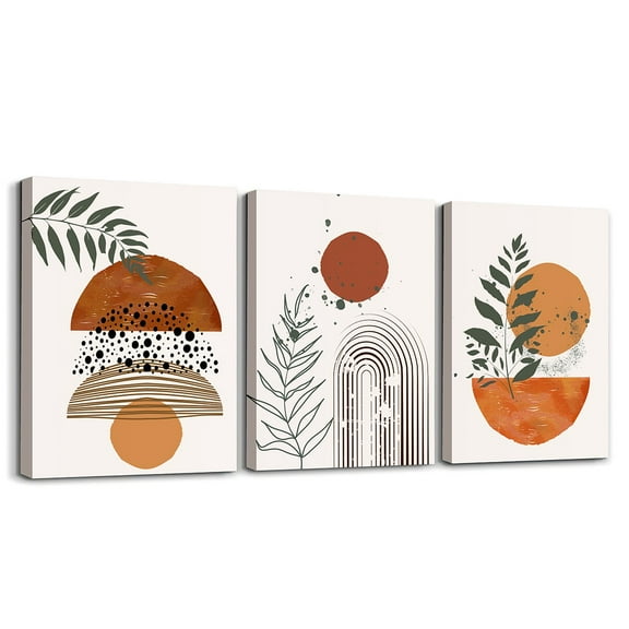 Geometric Canvas Wall Art Set of 3,Minimalism Botanical Boho Wall Decor Living Room Beige Orange Line Leaf Artwork for Walls,Plant Leaves Half Round Circular Stripes Art Hang Pictures Home Decor
