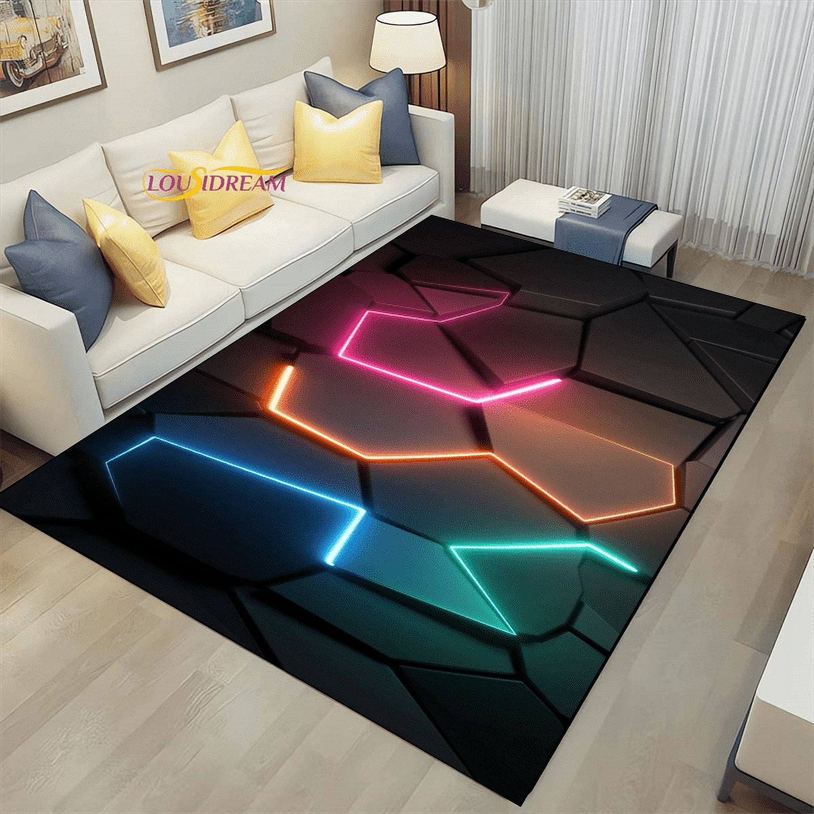 Geometric Carpets Dark Neon Lights Rugs Home Gaming Room Decor for ...