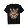 thumbnail image 1 of Geometric Cat Graphic Tee Top Cotton Top Breathable Loose Fit Round Neck Casual Shirt Black S-5XL, 1 of 5