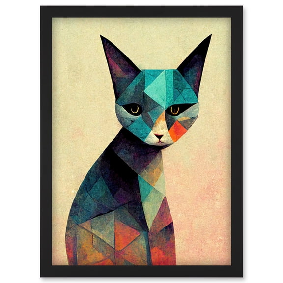 Geometric Cat Pastel Design Fun Artwork Framed Wall Art Print A4