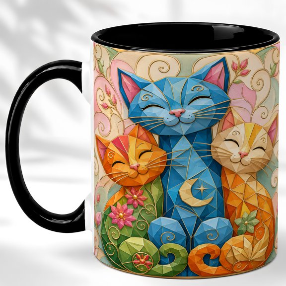 Geometric Cat Trio Coffee Mug, Colorful Pet Mug, Ceramic 11 oz