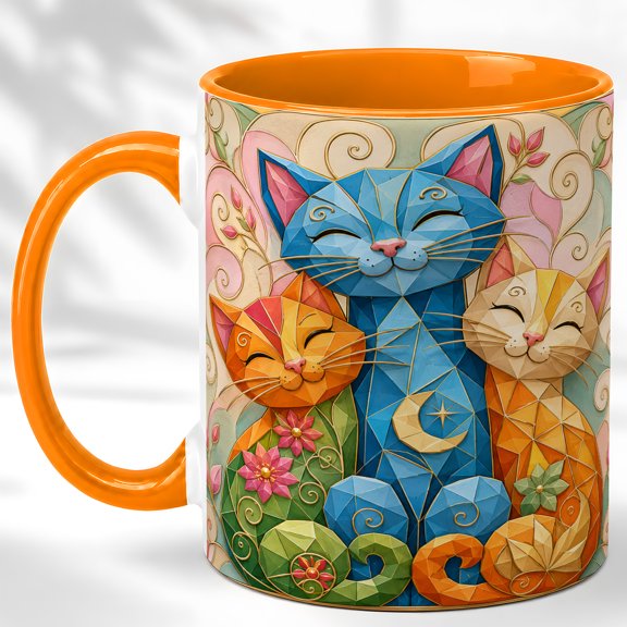 Geometric Cat Trio Coffee Mug, Colorful Pet Mug, Ceramic 11 oz