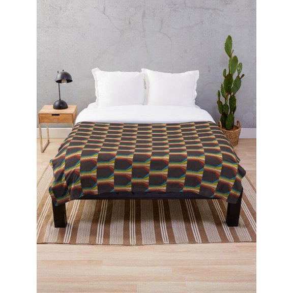 Geometric Checkerboard and Wavy Stripes Polyester Fleece Blanket, 280 GSM, Charcoal, Rust Red, Teal and Gold
