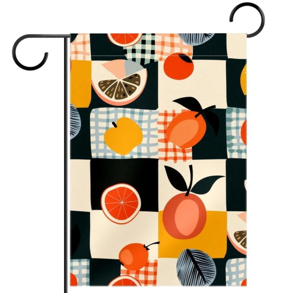 Geometric Checkered and Fruits Pattern Garden Flag Double Sided House Flag for Outdoor Home, Personalized All Year Round Yard Decor 12 x 18 Inch