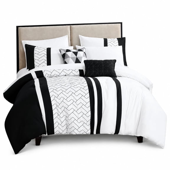 Geometric Chevron King Size Bed in a Bag Comforter Set - 9 Piece Black and White Bedding Bundle with Sheets