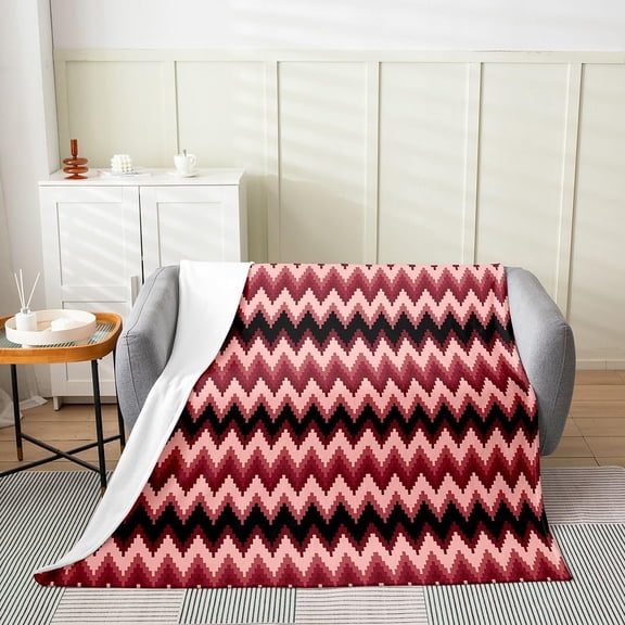 Geometric Chevron Pattern Throw Blanket for Couch Sofa Bed in Red and Black