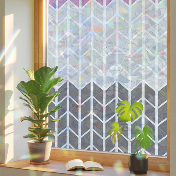 Geometric Chevron Striped Window Privacy Film, Rainbow Film Decorative Window Sticker 17.7x39.3in, Color Gradient Art Sun Blocking Static Stained Glass Cling Tint Non-Adhesive