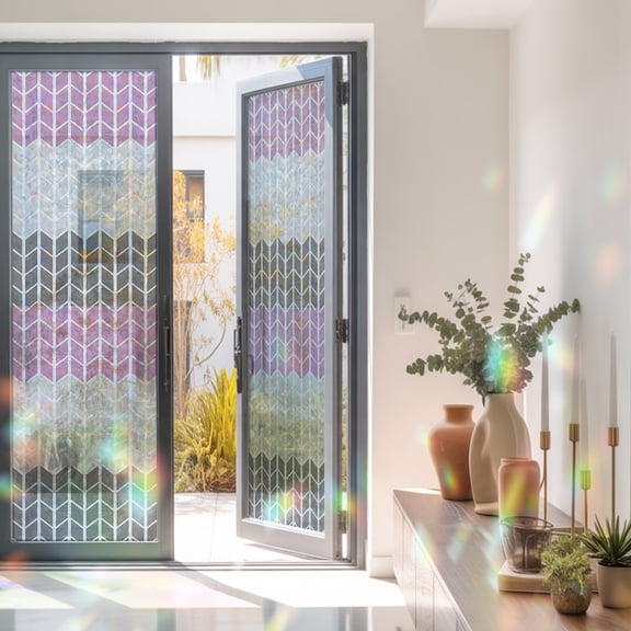 Geometric Chevron Striped Window Privacy Film, Rainbow Film Decorative Window Sticker 23.6x78.7in, Color Gradient Art Sun Blocking Static Stained Glass Cling Tint Non-Adhesive