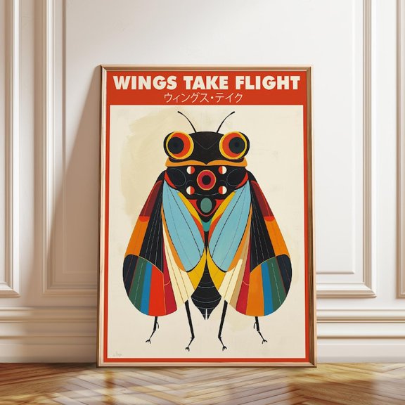 Geometric Cicada Colorful Insect Illustration Wall Art Print, Unframed Paper Poster 8x10in