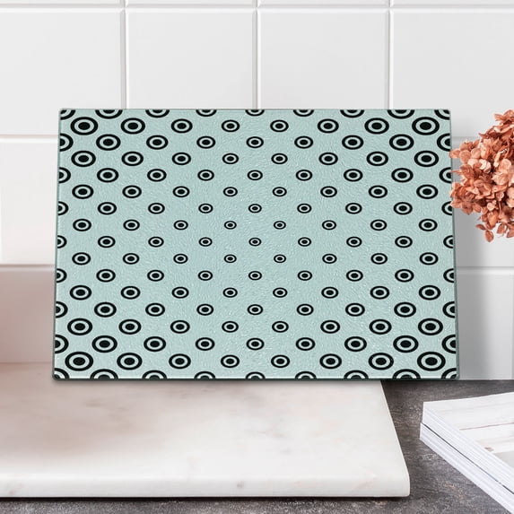 Geometric Circle Cutting Board, Different Round Shaped Dots Spots Motif Simplistic Abstract Background, Decorative Tempered Glass Cutting and Serving Board, Small Size, Black White, by Ambesonne