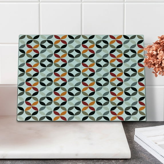 Geometric Circle Cutting Board, Dimensional Ring Forms Series Tones Hispter Bohemian Design Image, Decorative Tempered Glass Cutting and Serving Board, Small Size, Multicolor, by Ambesonne