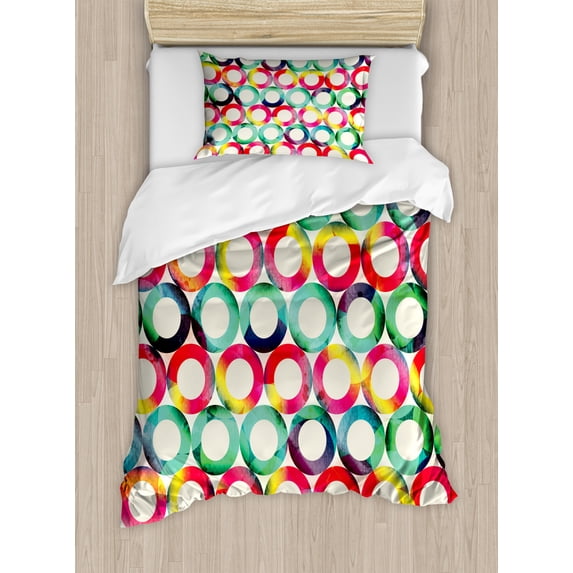 Geometric Circle Decor Twin Size Duvet Cover Set, Vibrant Style Circular Forms Retro Spots Artsy Fashion Hipster Design, Decorative 2 Piece Bedding Set with 1 Pillow Sham, Multi, by Ambesonne