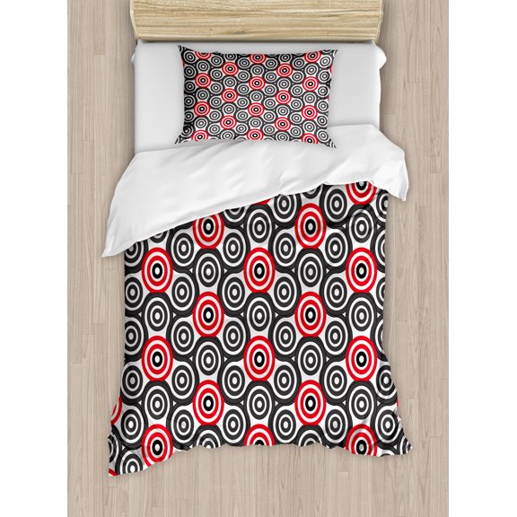 Geometric Circle Duvet Cover Set, Interlace Spiral Labyrinth Blind Oval Linked Mosaic Image Print, Decorative 2 Piece Bedding Set with 1 Pillow Shams, Twin Size, Red Black, by Ambesonne