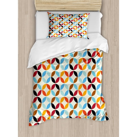 Geometric Circle Duvet Cover Set, Old-Fashion Bound Squaring Circle Forms in Different Tones Centre Image, Decorative 2 Piece Bedding Set with 1 Pillow Shams, Twin Size, Multicolor, by Ambesonne