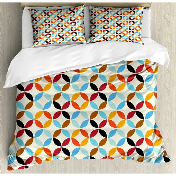 Geometric Circle Duvet Cover Set, Old-Fashion Bound Squaring Circle Forms in Different Tones Centre Image, Decorative 3 Piece Bedding Set with 2 Pillow Shams, Queen Size, Multicolor, by Ambesonne