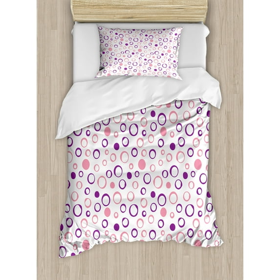 Geometric Circle Duvet Cover Set, Pastel Toned Feminine Circular with Spherical Dots Spread Art, Decorative 2 Piece Bedding Set with 1 Pillow Shams, Twin Size, Pink Violet, by Ambesonne
