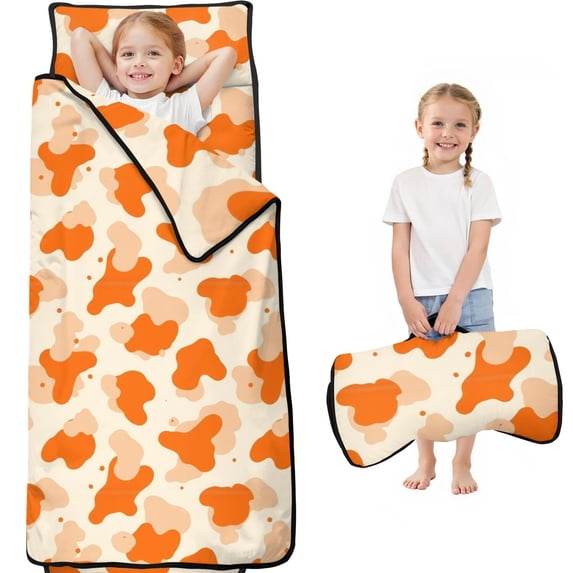 Geometric Circle Orange Pattern Teens Toddler Nap Mat with Pillow, Sleeping Mat Bag for Preschool Daycare 60"x20"
