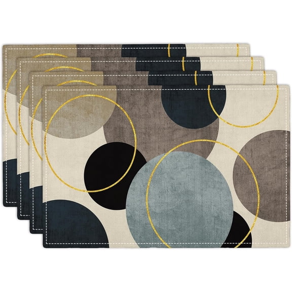 Geometric Circle Placemats Set of 4, 12x18 Inch Beige Black Table Place Mat Boho Washable Non-Slip Heat Resistant Fabric Placement Mats for Dining Kitchen Indoor Outdoor Decor