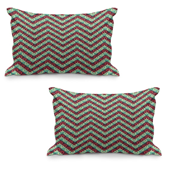 Geometric Circle Quilted Pillowcover Set of 2, 50s Pop Art Style Triangular Stripes Spiral Hoops Retro Poster Print, Standard Queen Size Pillow Cover Bedroom, 30" x 20", Maroon Sea Green, by Ambesonne