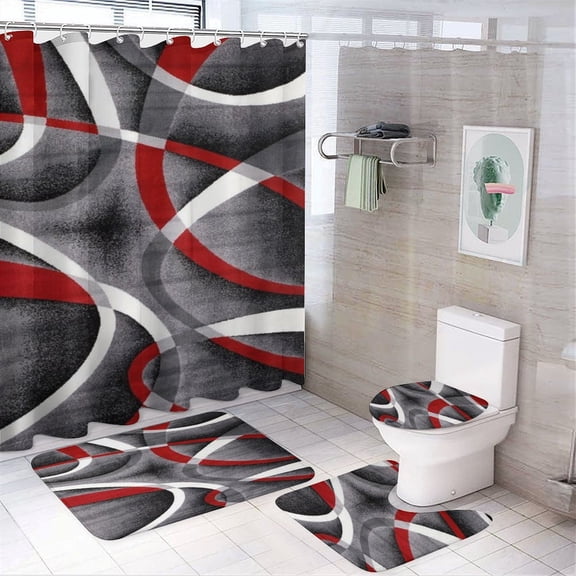 Geometric Circle Stripe 4 Pcs Shower Curtain Set with Rug Bathroom Sets with Waterproof Fabric And Non-Slip Rugs Toilet Lid Cover Bath Mat Decor with Hooks