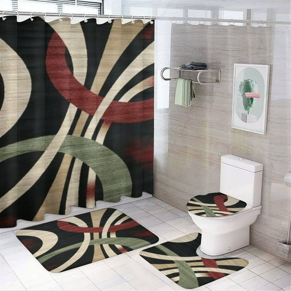 Geometric Circle Stripe 4 Pcs Shower Curtain Set with Rug Bathroom Sets with Waterproof Fabric And Non-Slip Rugs Toilet Lid Cover Bath Mat Decor with Hooks