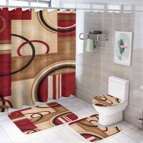 Geometric Circle Stripe 4 Pcs Shower Curtain Set with Rug Bathroom Sets with Waterproof Fabric And Non-Slip Rugs Toilet Lid Cover Bath Mat Decor with Hooks