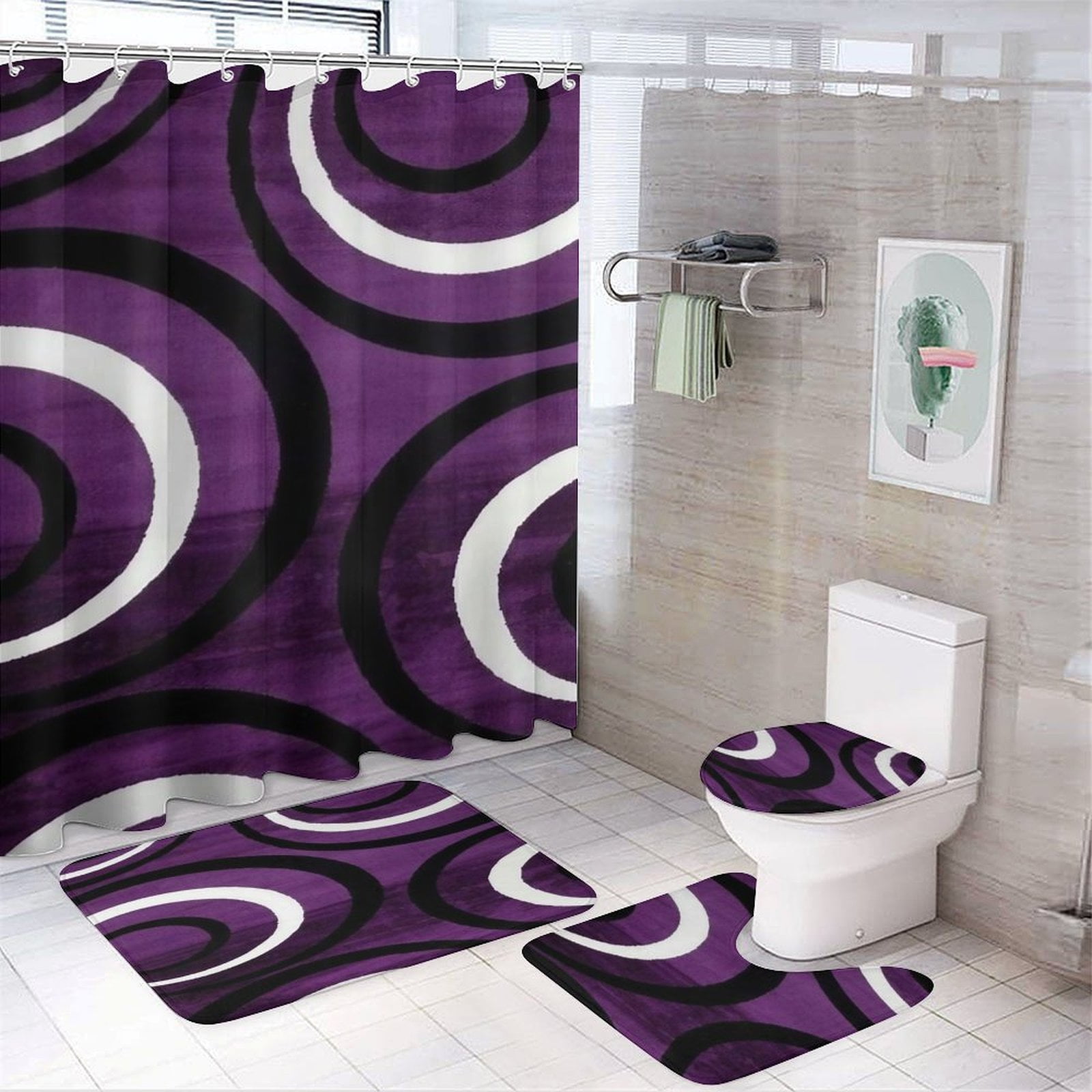 Geometric Circle Stripe 4 Piece Shower Curtain Sets, Non-Slip Rugs, Toilet Lid Cover And Bath Mat, for Bathroom Decor Set, 72" X 72"