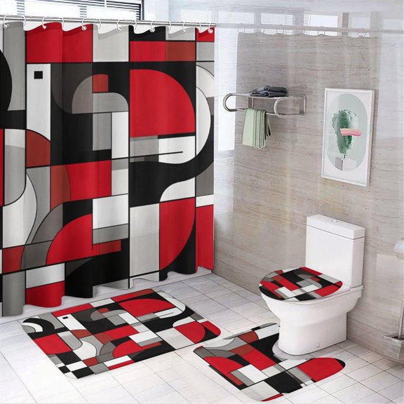 Geometric Circle Stripe Shower Curtain Waterproof Bathroom Curtain Set 4pcs with Hooks Rugs Mat Bathroom Curtains Home Decor